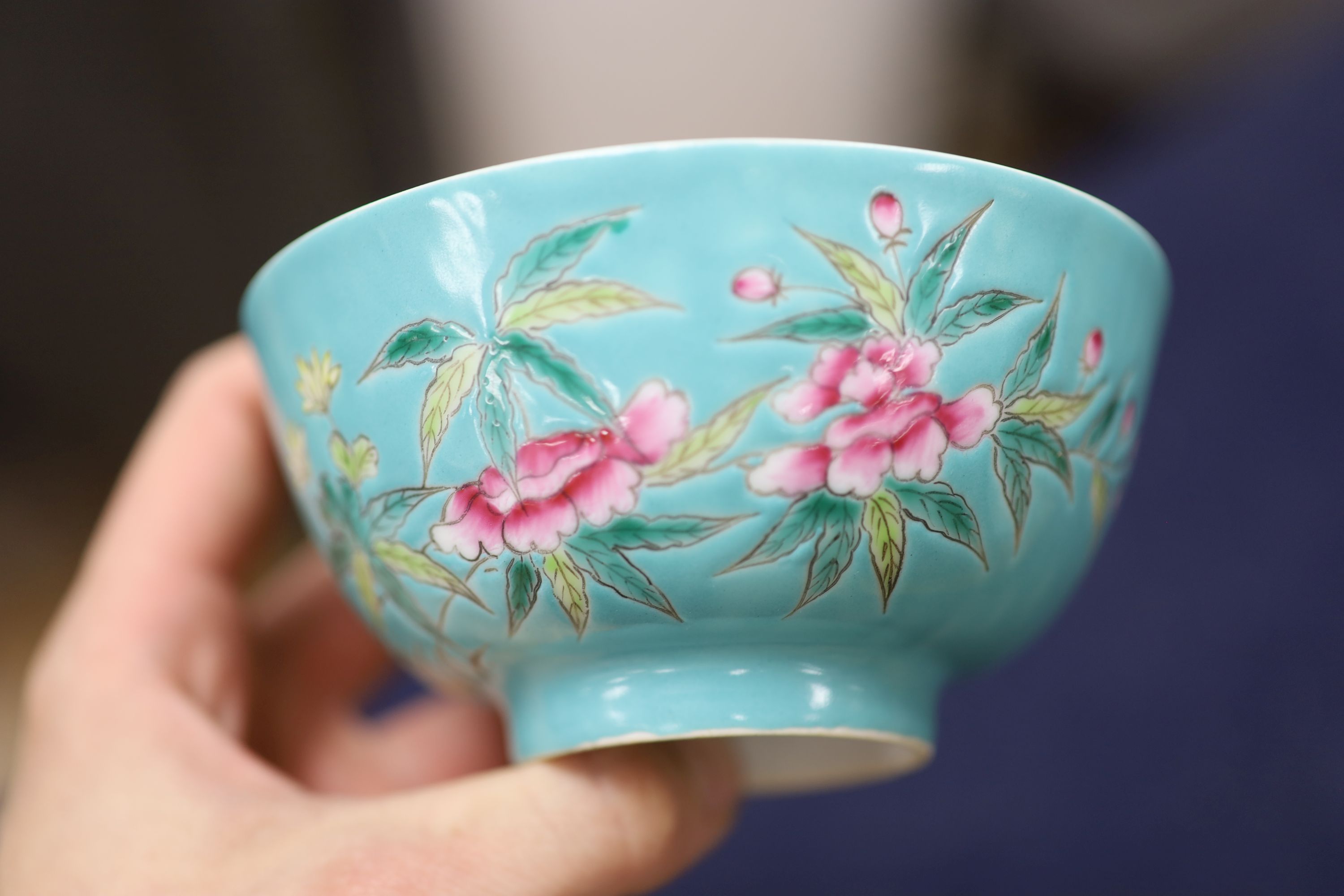 A pair of Chinese turquoise ground bowls, diameter 12cm